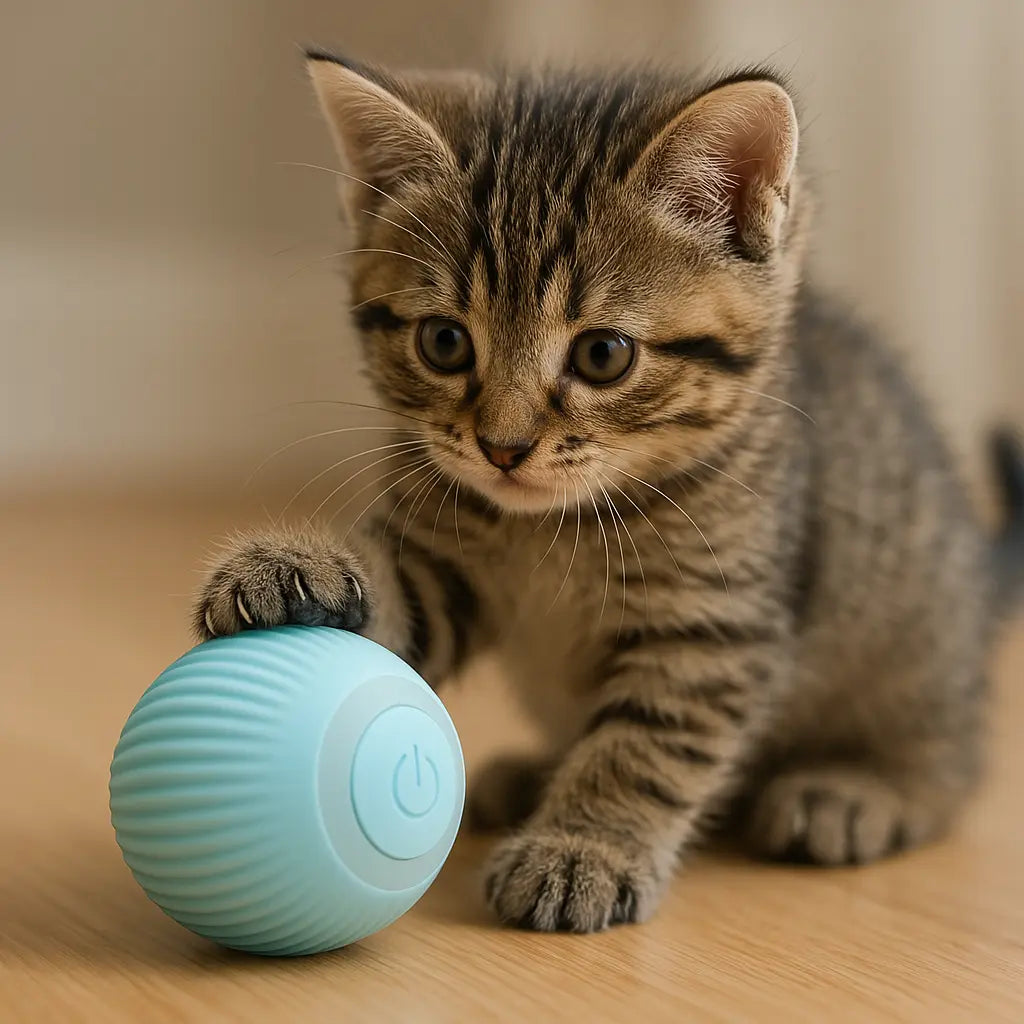 Gatto che gioca con pallina interattiva su parquet chiaro