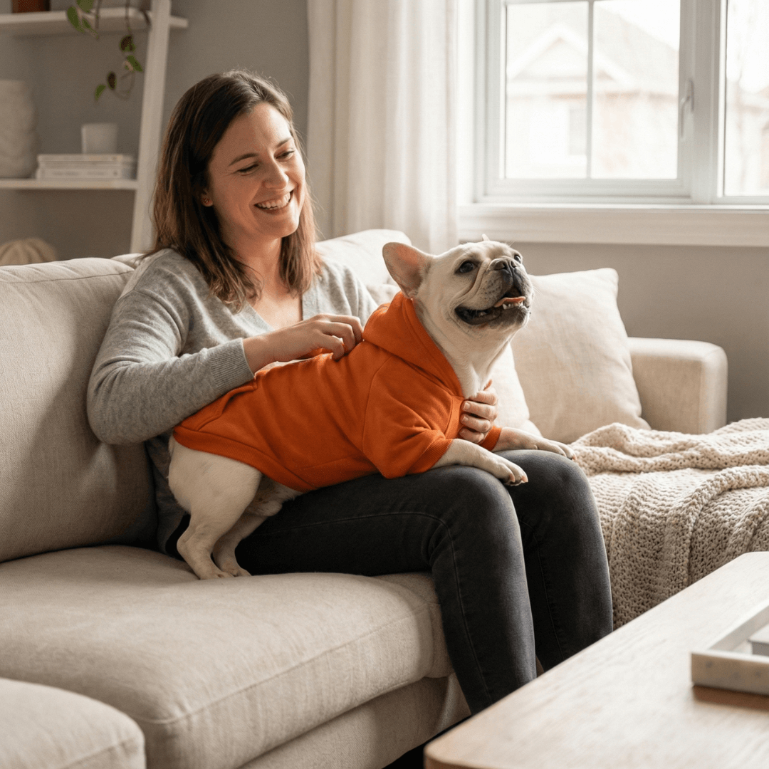 Donna seduta sul divano con cane che indossa il cappottino
