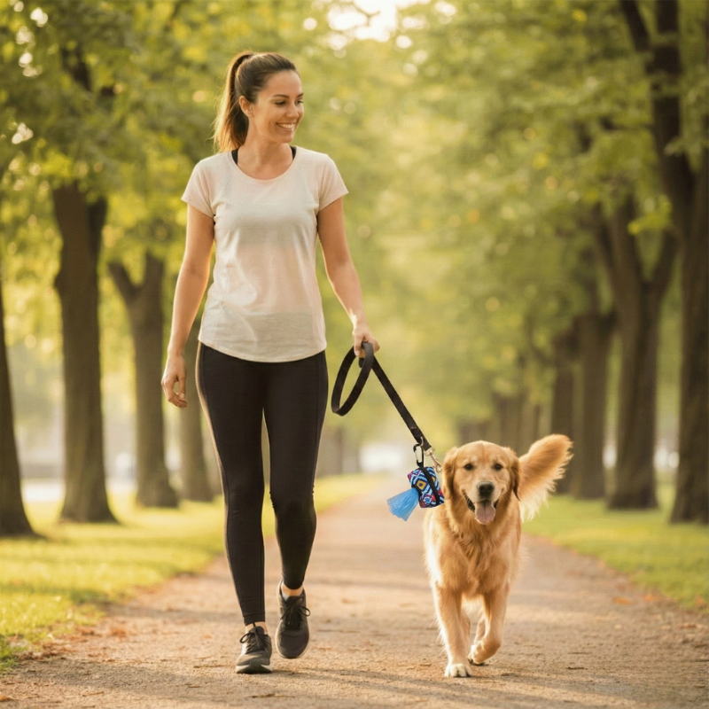 Donna che passeggia con un cane e usa il nostro porta sacchetti per cani agganciato al collare
