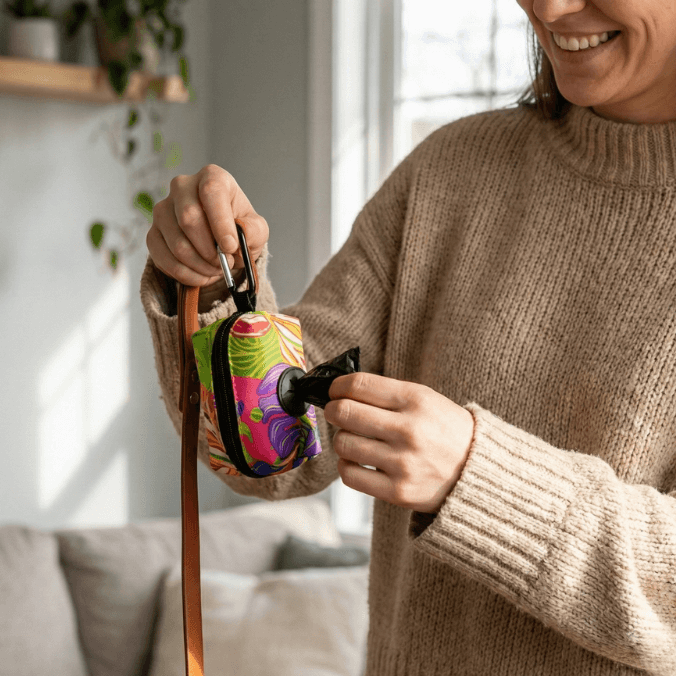 Donna che usa il porta sacchetti per cani