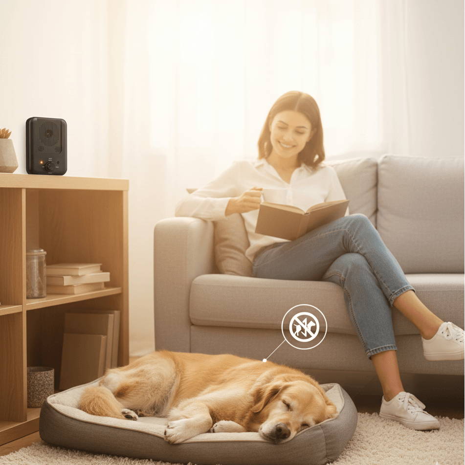 Cane  e donna rilassati a casa con il dispositivo antiabbaio a ultrasuoni