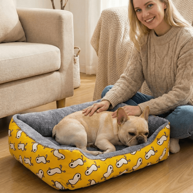 Donna bionda che accarezza il cane sdraiato nel divanetto per cani 