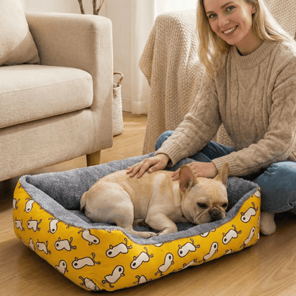 Donna bionda che accarezza il cane sdraiato nel divanetto per cani 