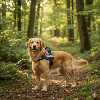 Cane in mezzo ad una foresta che indossa la pettorina 
