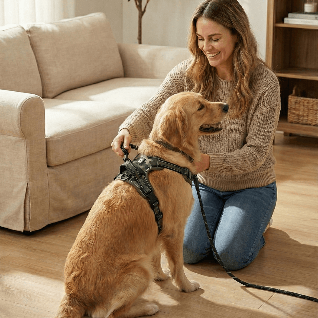 Donna che aggancia il collare alla pettorina indossata dal cane 