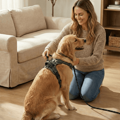 Donna che aggancia il collare alla pettorina indossata dal cane 