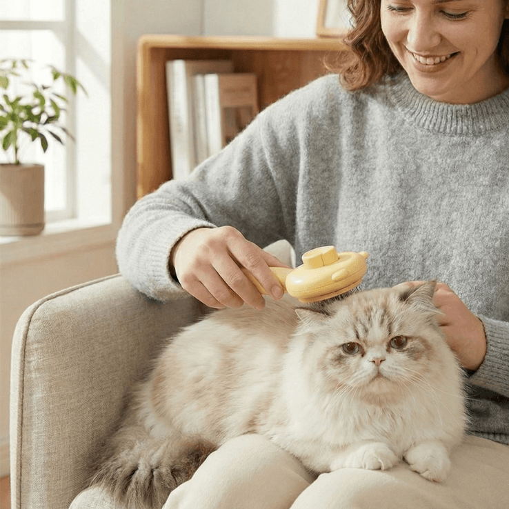 Donna che spazzola un gatto , seduta sul divano 