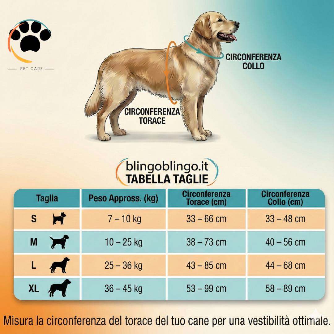 tabella per la corretta misurazione del tuo cane