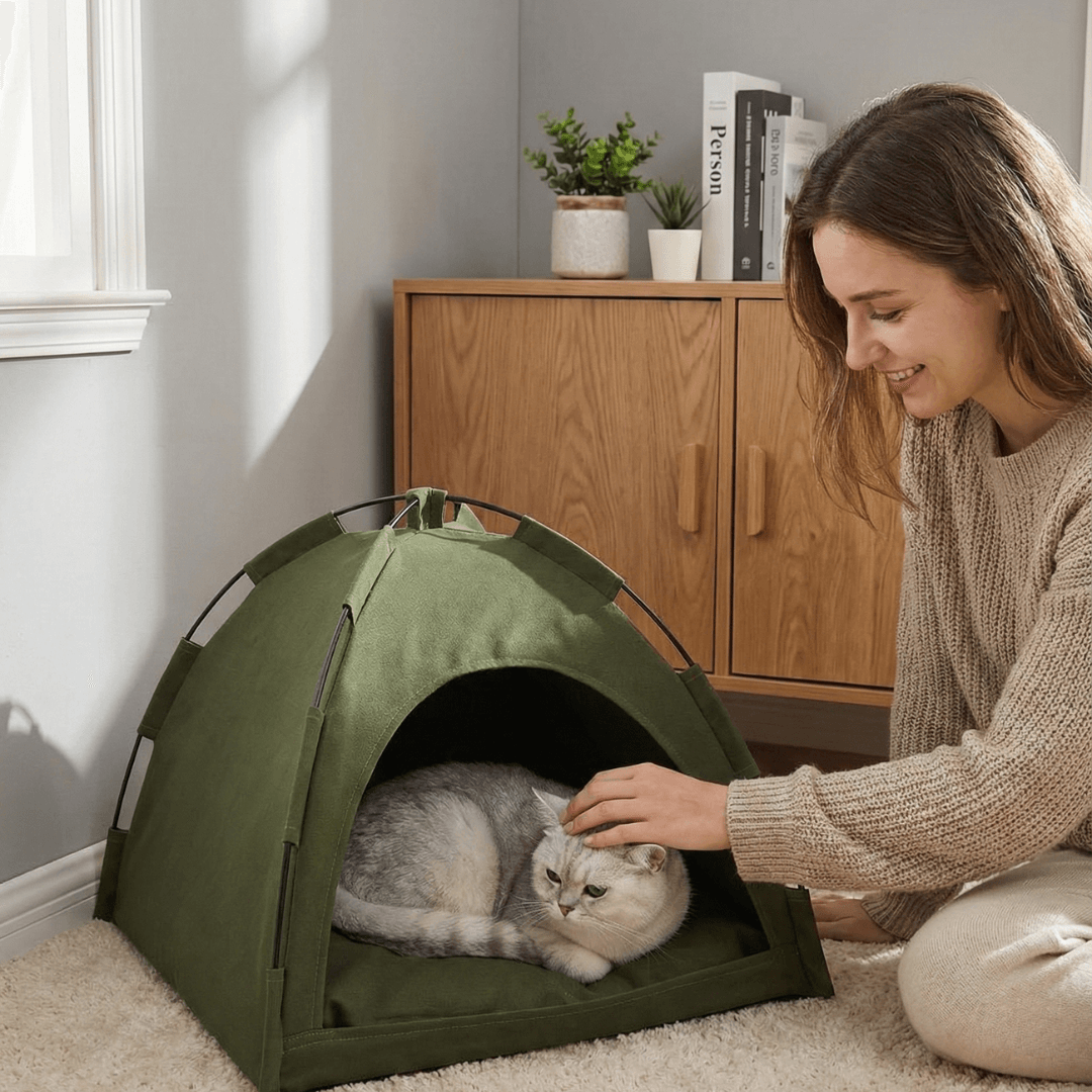 Donna che accarezza il gatto che dorme nella tenda