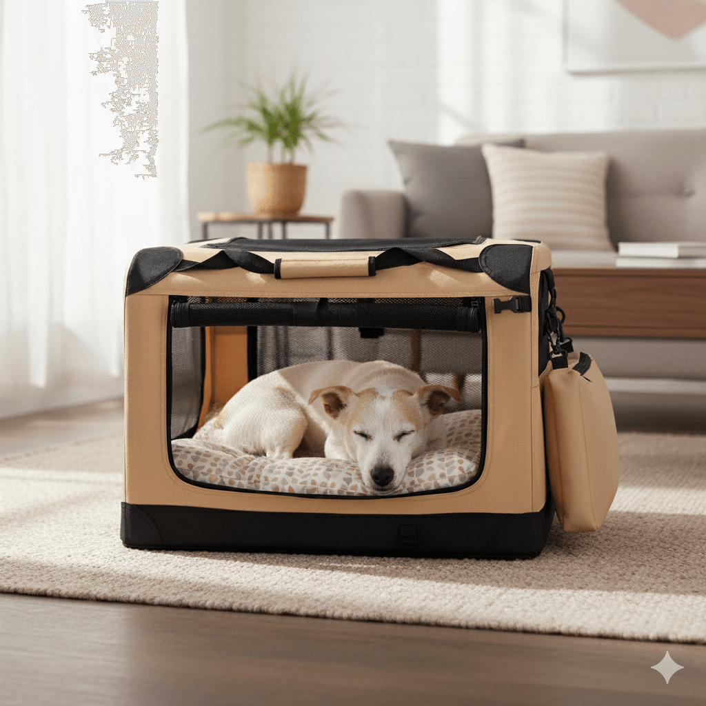 Un cane che riposa nel trasportino usato internamente casa come cuccia