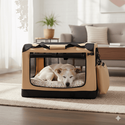 Un cane che riposa nel trasportino usato internamente casa come cuccia