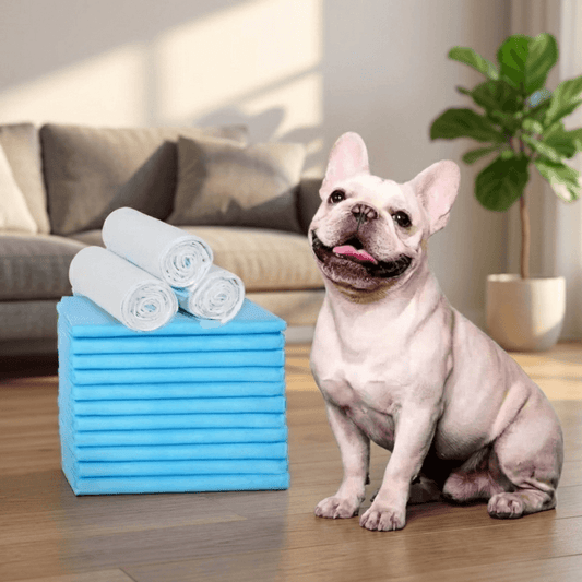 Cucciolo seduto vicino le traversine per cani in salotto