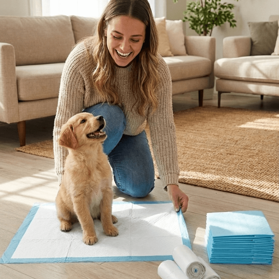 Donna che sistema la traversina per cani in salotto 